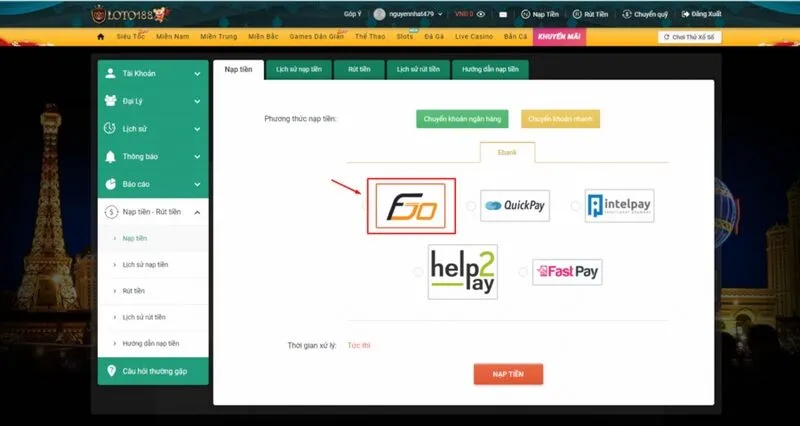 Nạp tiền thông qua thẻ fgo